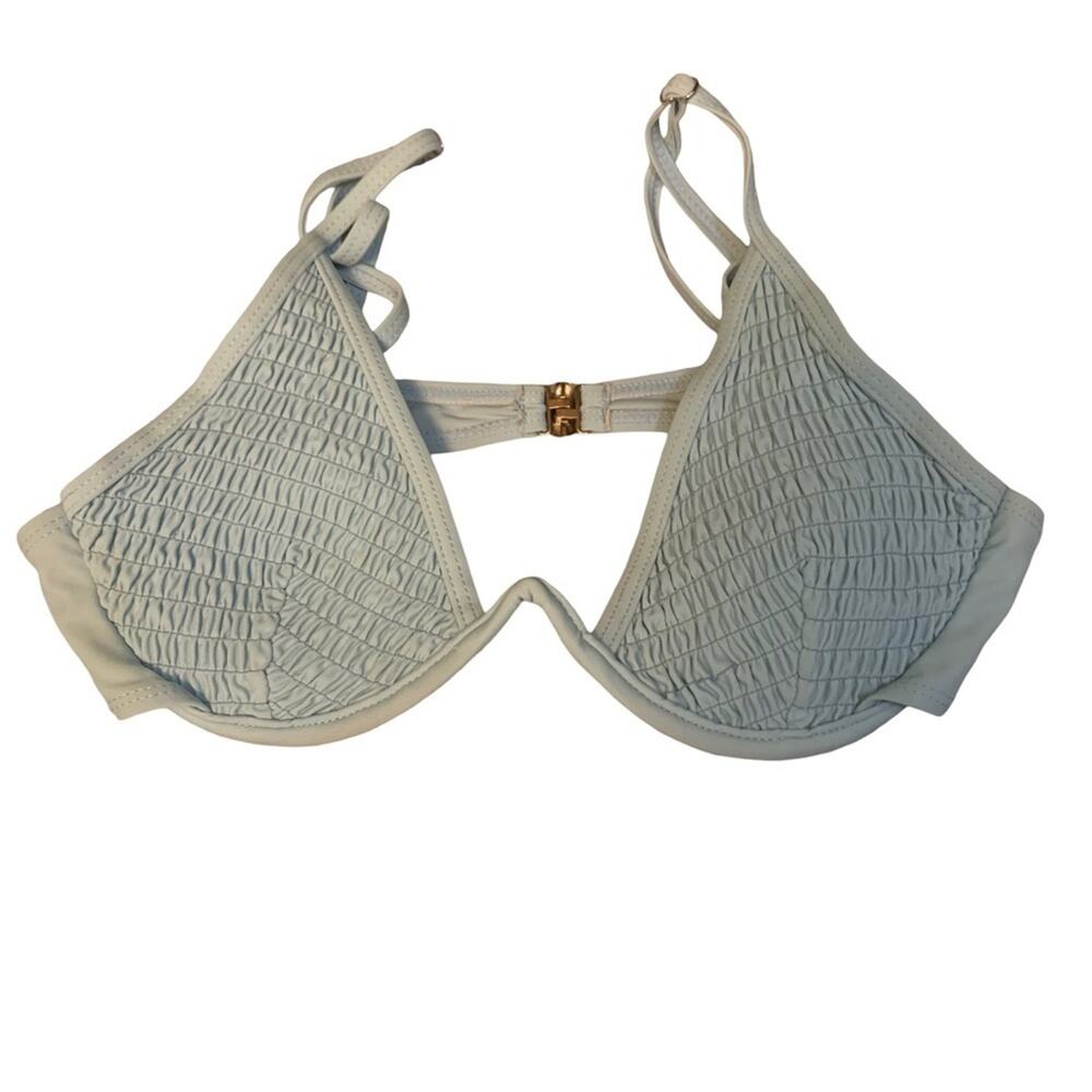 Vintage Baby Blue Smocked Wired V Cut Bikini Top with Metal Clasp Size Small
